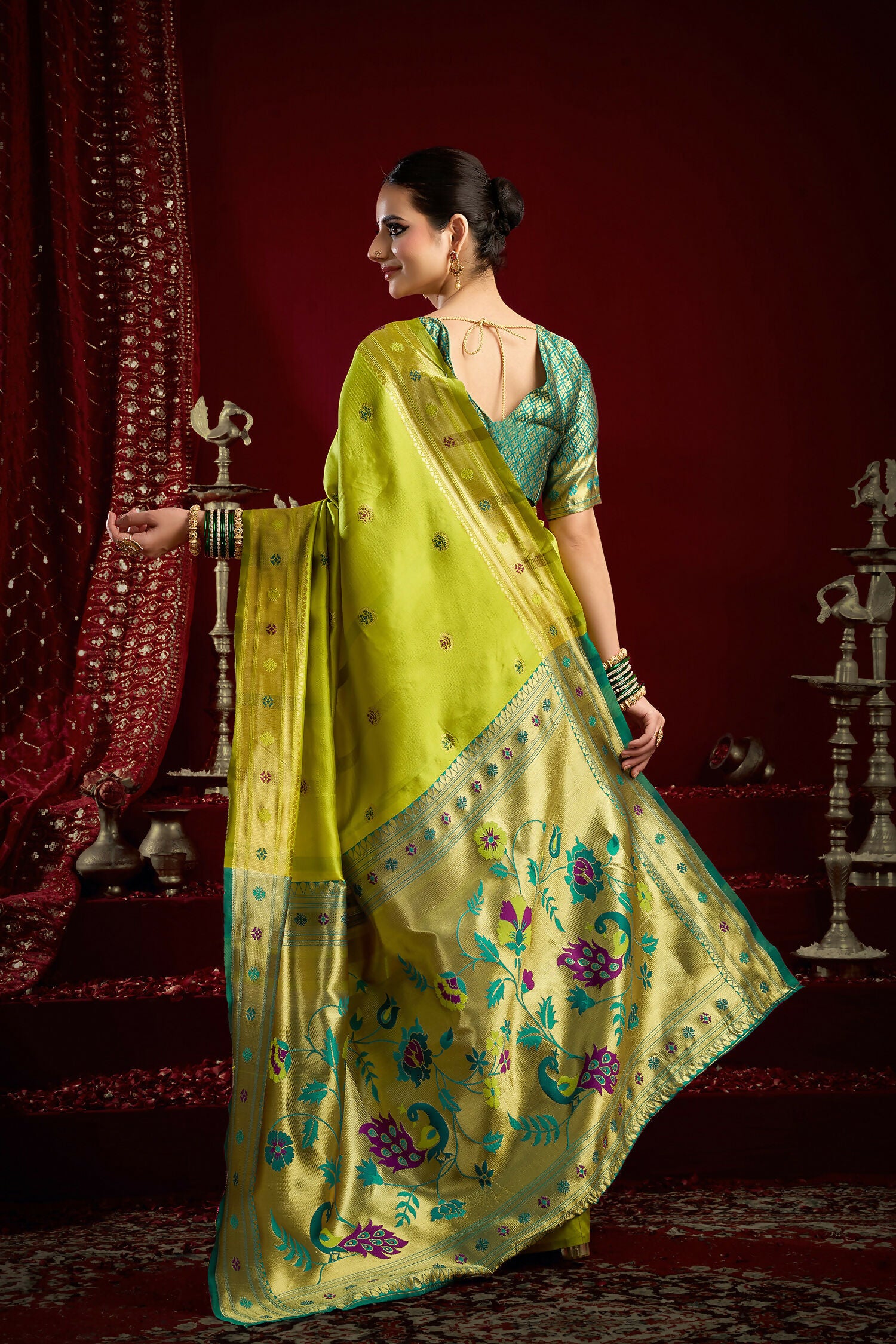 Joban Fashion Mustard Green Paithani Silk Blend Butti Saree