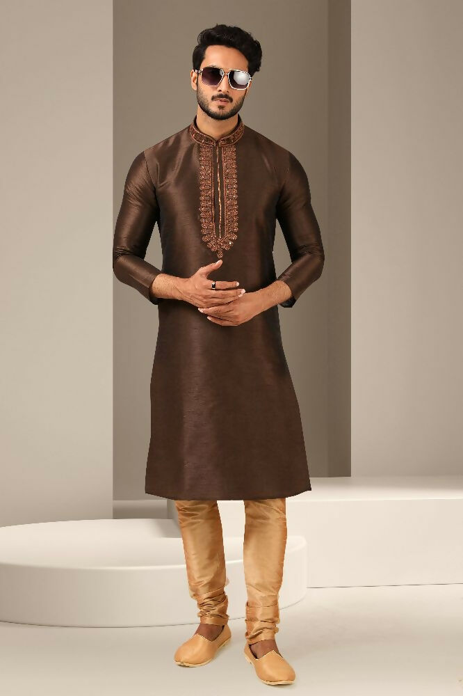 Raivat Ethnic Banarasi Art Silk Mirror Work Kurta Pajama In Brown Colour - Distacart