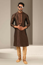 Thumbnail for Raivat Ethnic Banarasi Art Silk Mirror Work Kurta Pajama In Brown Colour - Distacart