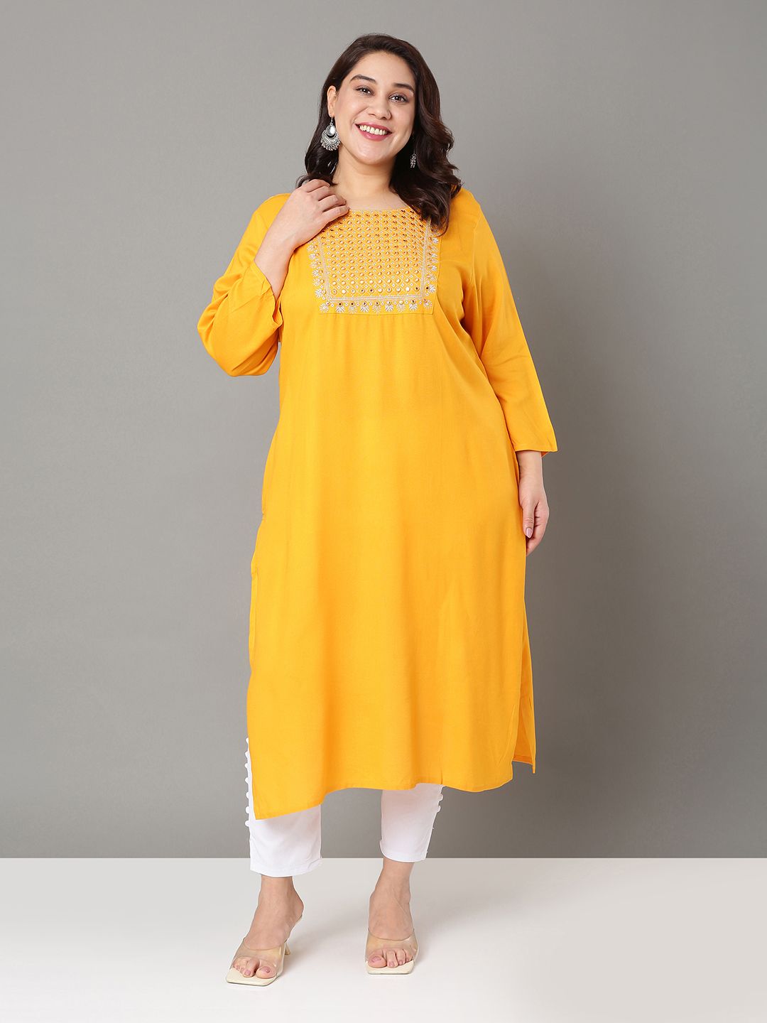 Sztori Plus Size Geometric Embroidered Mirror Work Straight Kurta - Distacart