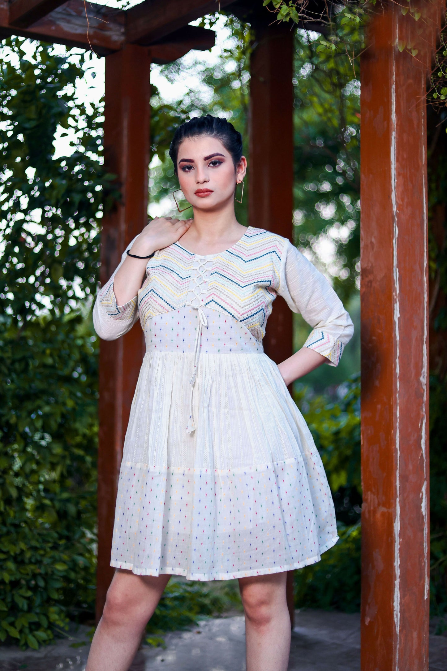 Aayaa Designer Multi Thread Hand Work Khadi Cotton One Piece Dress - Off White - Distacart