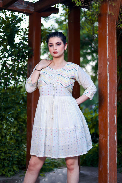 Aayaa Designer Multi Thread Hand Work Khadi Cotton One Piece Dress - Off White - Distacart