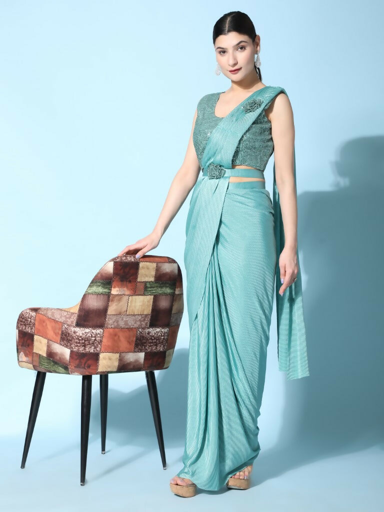 Sea Green Imported Crush Lycra Texture Pattern Ready to Wear Saree with stitched Blouse - Nirvana - Distacart