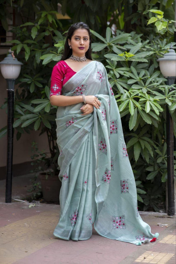 Pine Pure Linen Ethnic Motifs Saree with Unstitched Blouse - A2M
