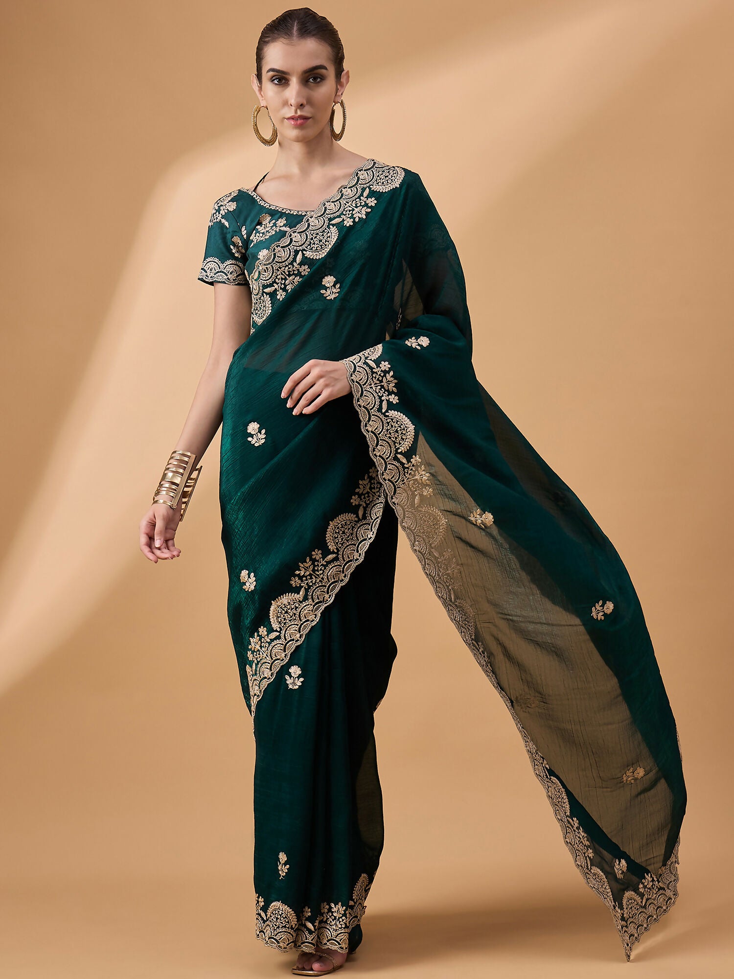 Teal Silk Embroidered Saree with Unstitched Blouse Piece - Satya - Distacart