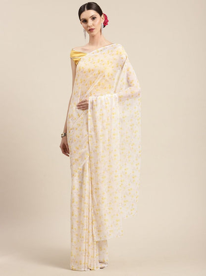 Ahalyaa Yellow Chiffon Digital Print Floral Saree - Distacart