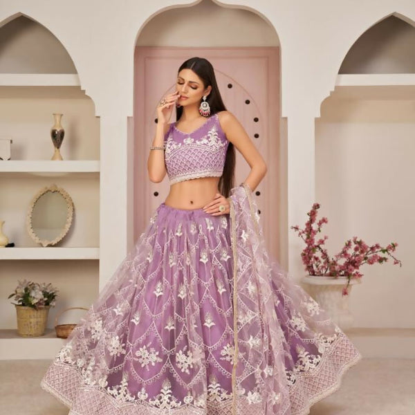 Aastha Fashion Lavender Butterfly Net White Cotton Thread Work, Zari Work And Sandwich Sequence Work Embroidery Wedding Wear Lehenga Choli - Distacart