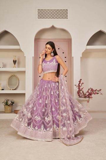 Aastha Fashion Lavender Butterfly Net White Cotton Thread Work, Zari Work And Sandwich Sequence Work Embroidery Wedding Wear Lehenga Choli - Distacart