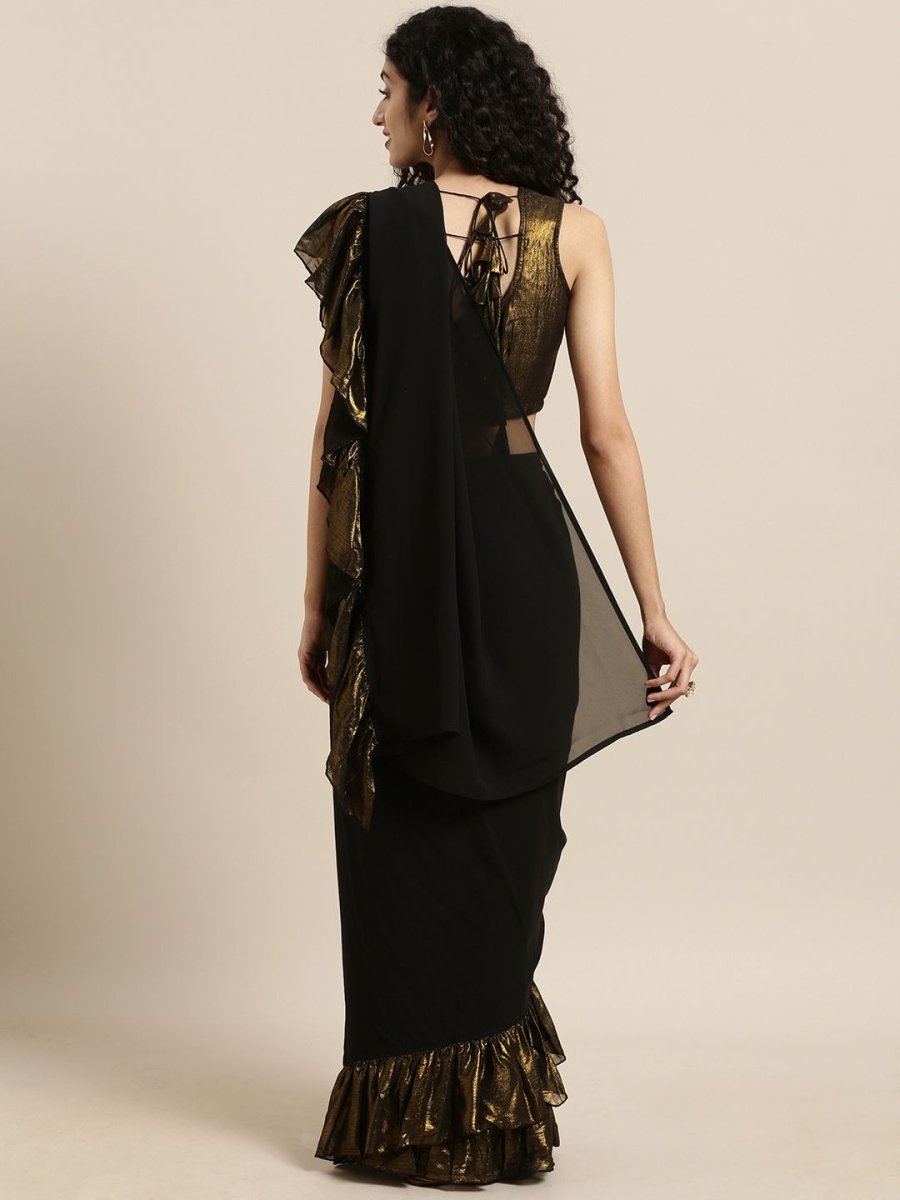 Ahalyaa Women's Black Georgette Ruffles Ready to Wear Saree