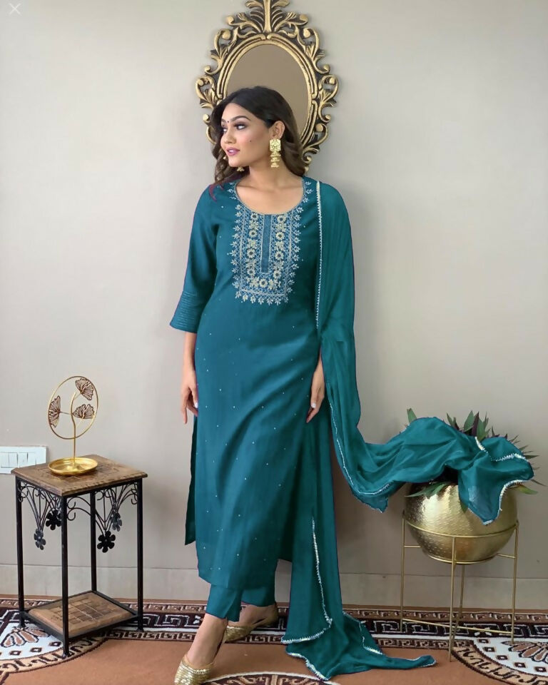Partywear Designer Firozy Rayon Slub Stitched Suit With Dupatta - Tanisha - Distacart