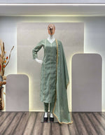 Thumbnail for Preksha Creation Women Designer Wear Trending Roman Silk Top With Lace Work With Pant With Dupatta - Light Green - Distacart