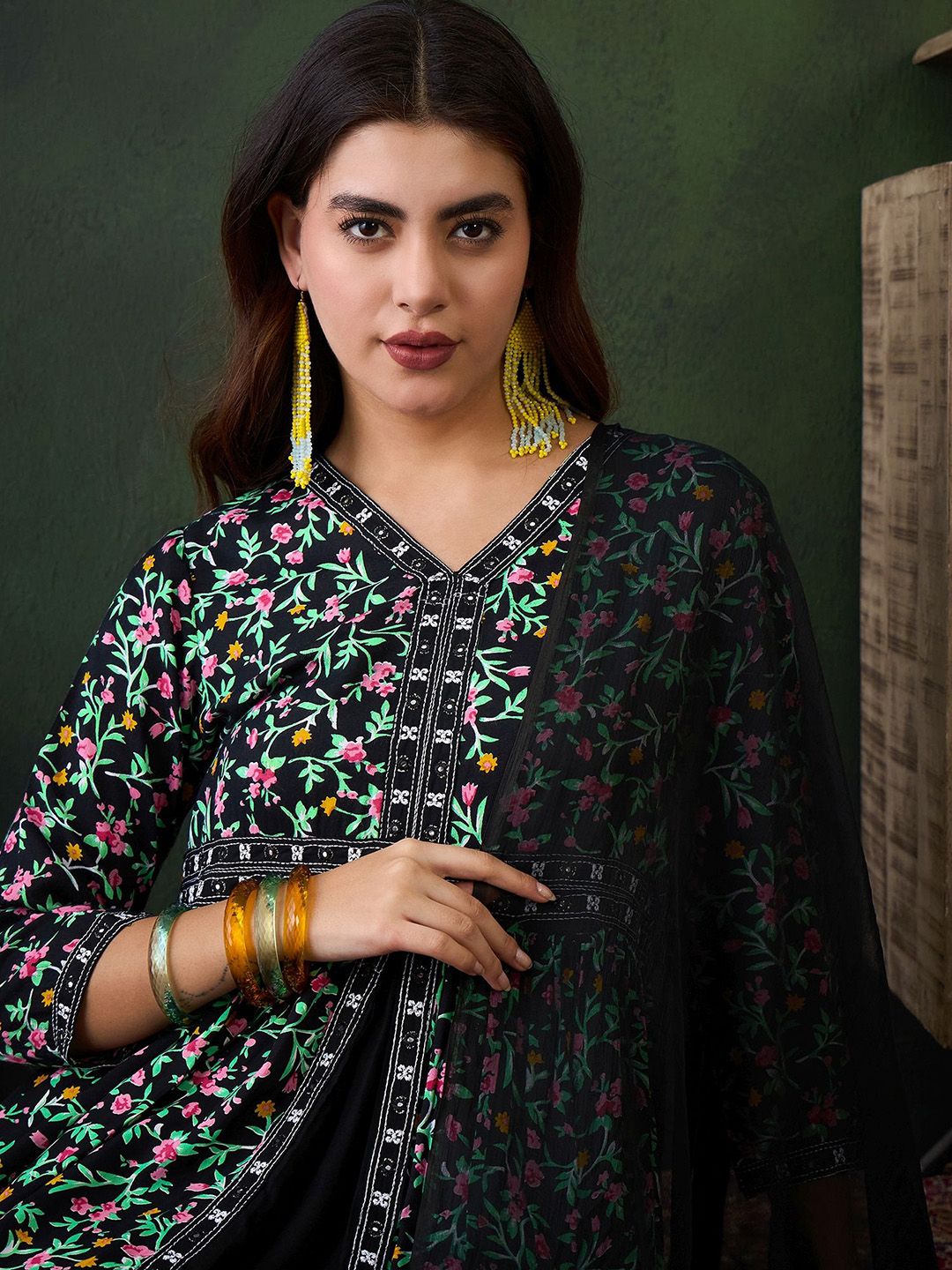 Sangria Printed V- Neck Antalkali, Dupatta & Dupatta Set - Distacart