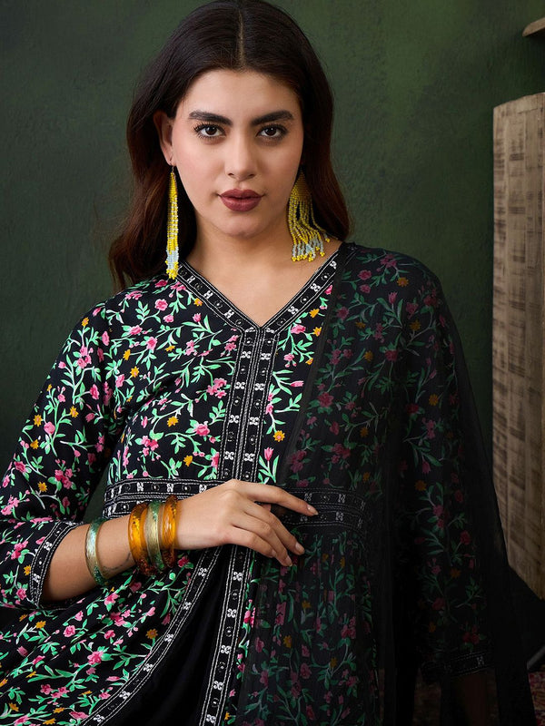 Sangria Printed V- Neck Antalkali, Dupatta & Dupatta Set