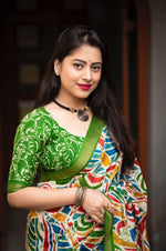 Thumbnail for Green Cotton Crepe Batik Print Saree with Unstitched Blouse - Hiral Fashion - Distacart