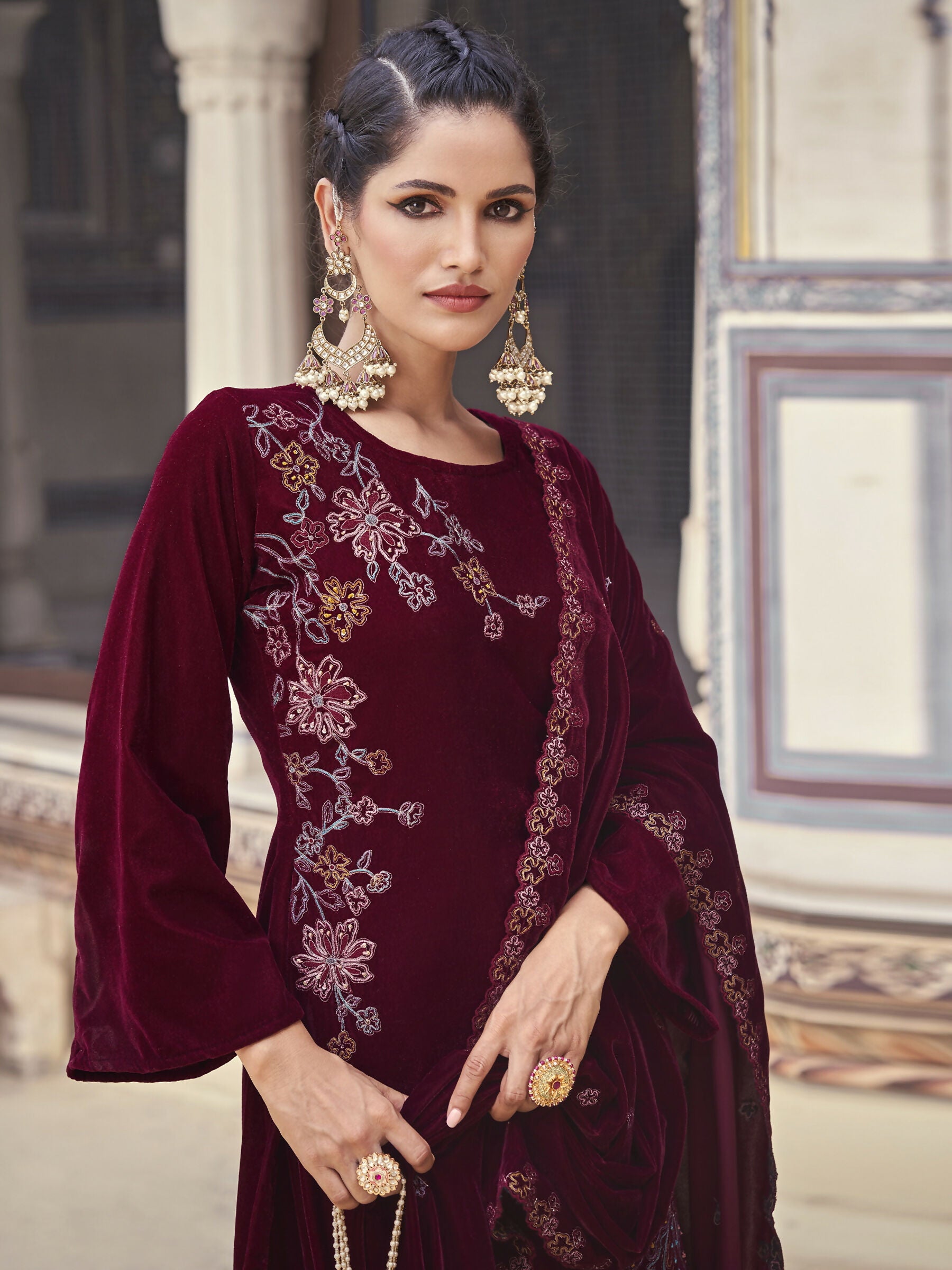 Jyoti Fashion Women's Maroon Velvet Resham Thread with Jari & Sequin Kurta with Trouser & Dupatta - Distacart