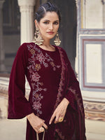 Thumbnail for Jyoti Fashion Women's Maroon Velvet Resham Thread with Jari & Sequin Kurta with Trouser & Dupatta - Distacart