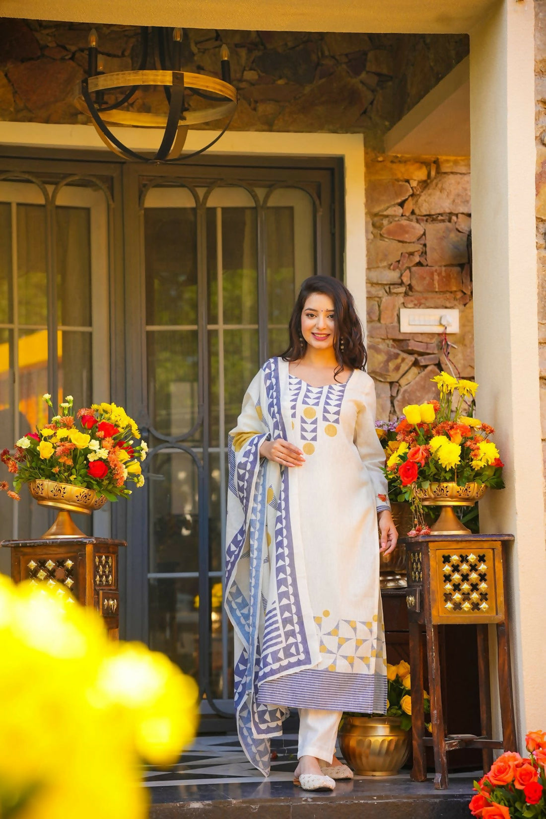 The52 Women's Gorgeous Printed Work Muslin Fabric Straight Kurta Pant and Dupatta Set - Dista