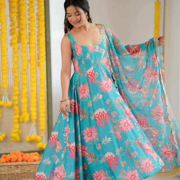 Teeya Creation Blue Pure Muslin Silk Digital Print Traditional Wear Long Gown - Distacart