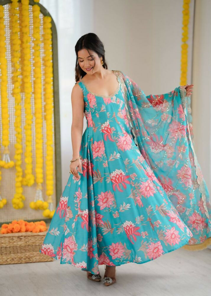 Teeya Creation Blue Pure Muslin Silk Digital Print Traditional Wear Long Gown - Distacart