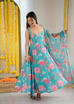 Thumbnail for Teeya Creation Blue Pure Muslin Silk Digital Print Traditional Wear Long Gown - Distacart