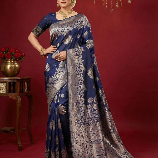 Shree Shyam Fashion Navy Blue Silk Blend Saree - Distacart