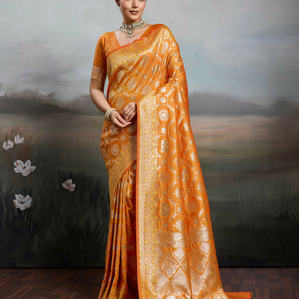 Shree Shyam Fashion Orange Silk Blend Saree - Distacart