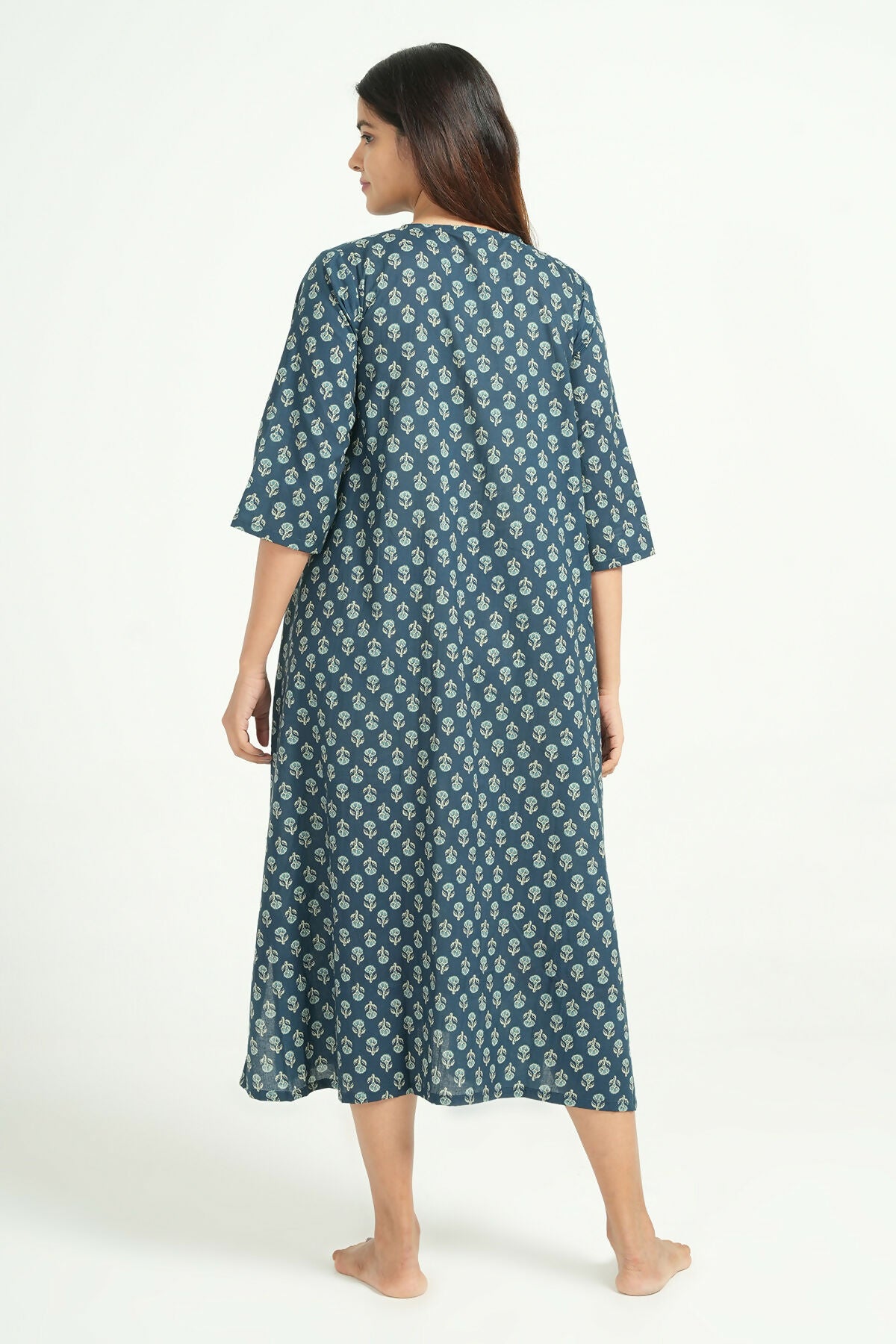Breathables Women Cotton Printed Loungewear Short Dress Blue I Night Wear | Nighty | Maternity Gown - Dista