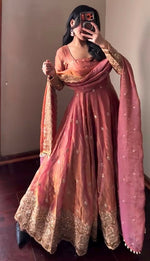 Thumbnail for Teeya Creation Peach Fendi Silk Designer Heavy Work Wedding Wear Long Gown - Distacart