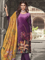 Thumbnail for Jyoti Fashion Women's Purple Velvet Floral Digital Printed Kurta with Trouser & Dupatta - Distacart