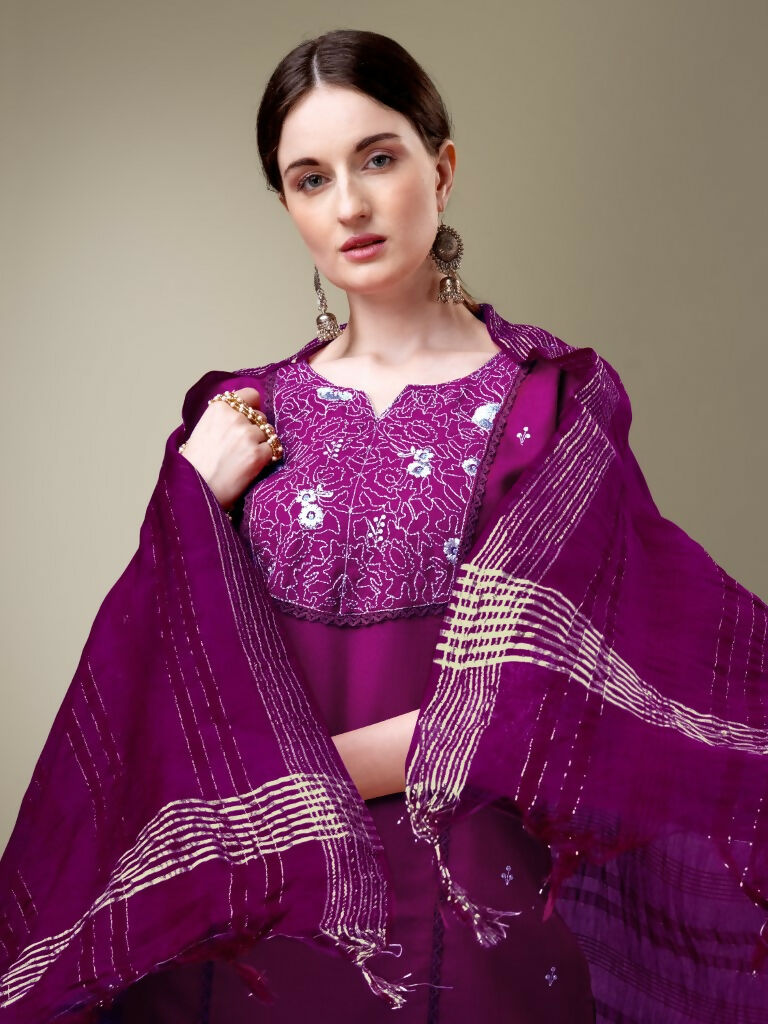 Jyoti Fashion Women's Purple Cotton Blend Embroidery & Fancy Lace work Kurta with Trouser & Dupatta - Distacart