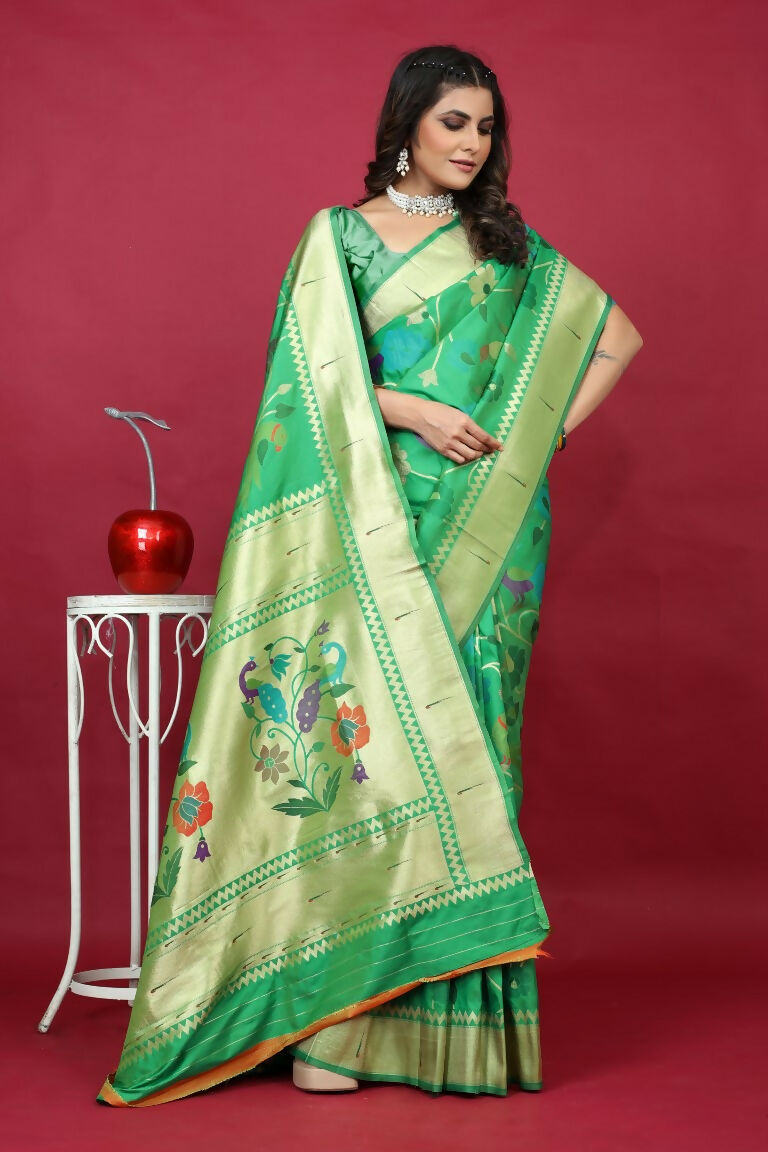 Jyoti Fashion Women's Green Paithani Silk Zari Woven Saree with Blouse - Distacart