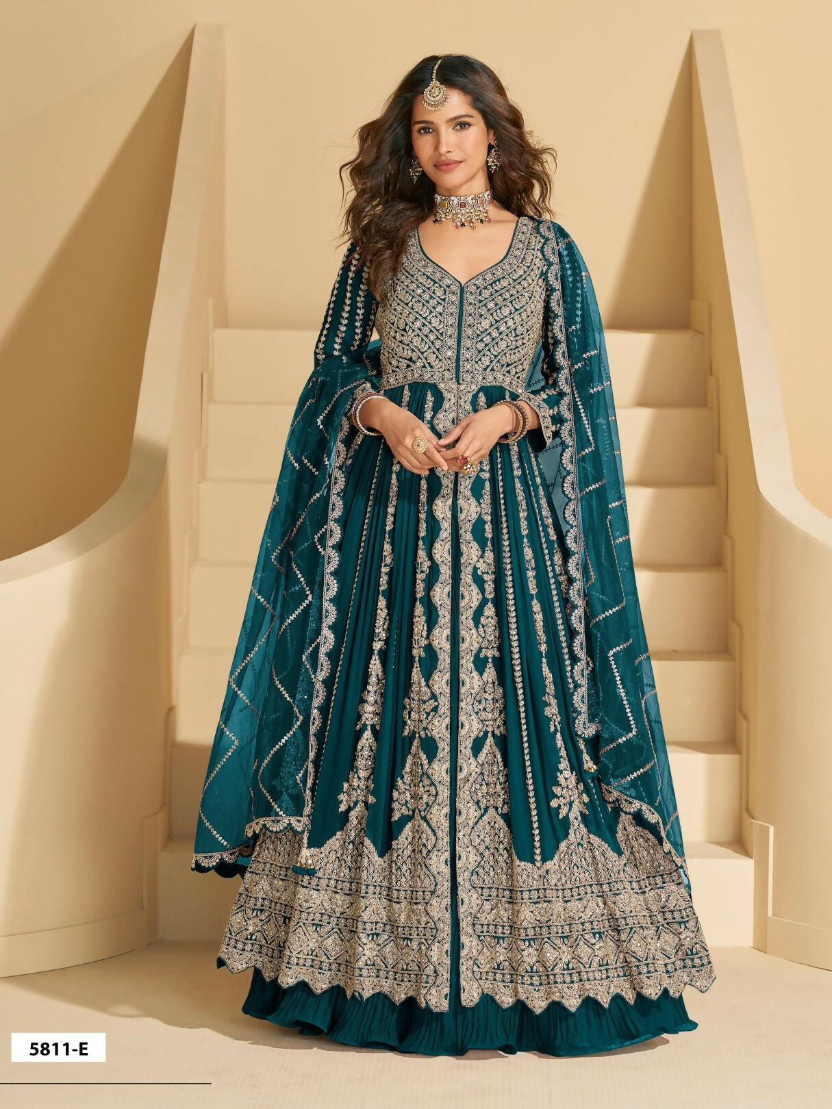 Anaita Teal Chinon Readymade Anarkali Lehenga with Heavy Embroidery Work - Distacart