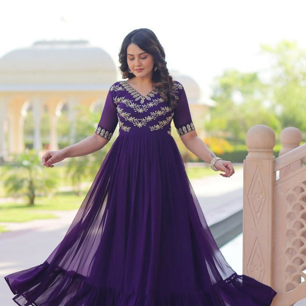 Teeya Creation Purple Color Faux Georgette Party Wear Hand Embroidery Work Long Gown - Distacart