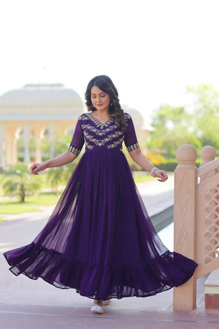 Teeya Creation Purple Color Faux Georgette Party Wear Hand Embroidery Work Long Gown
