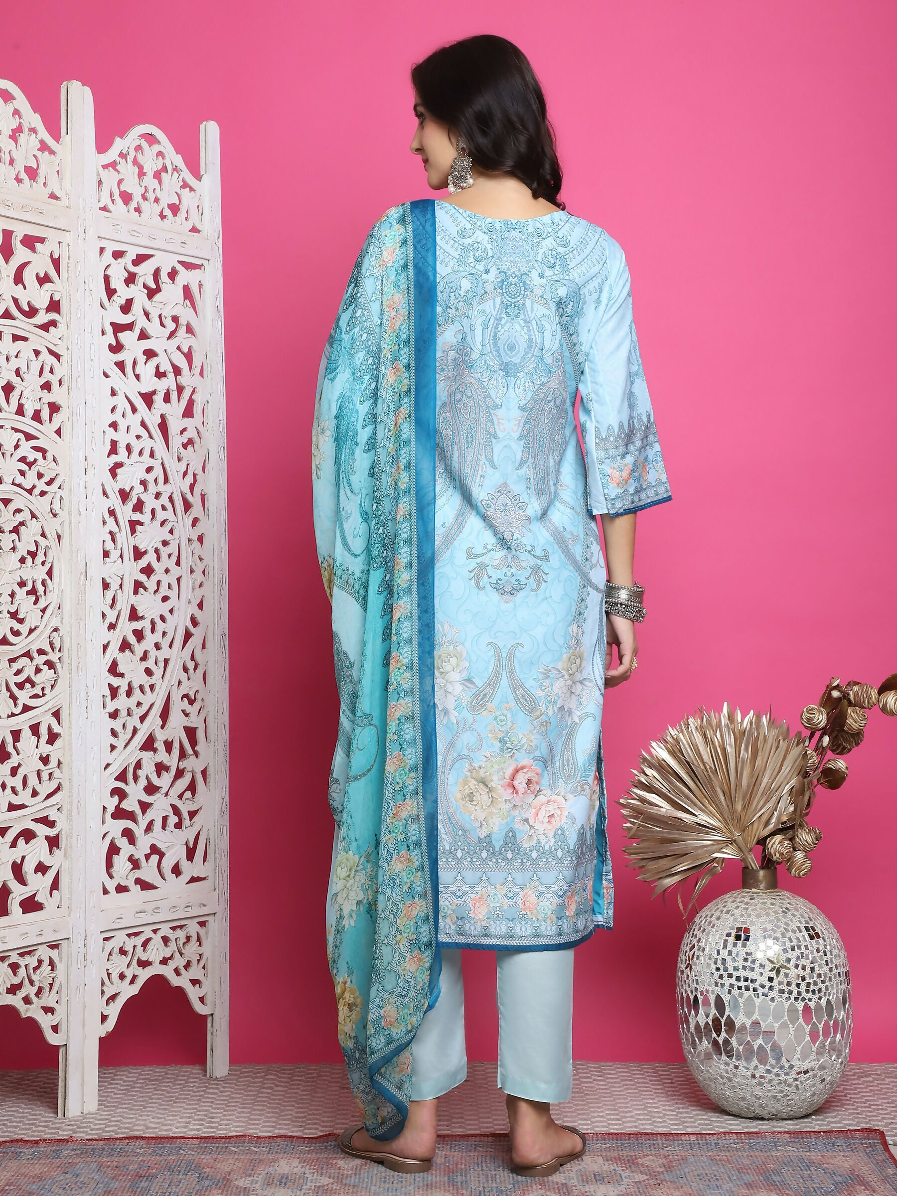 Jyoti Fashion Women's Turquoise Satin Traditional Digital Print with Crystal work Kurta with Trouser & Dupatta - Distacart