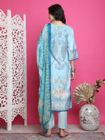 Thumbnail for Jyoti Fashion Women's Turquoise Satin Traditional Digital Print with Crystal work Kurta with Trouser & Dupatta - Distacart