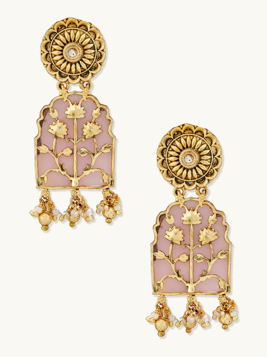 Nuyug 22K Gold-Plated Pearl Beaded Strings Floral Motifs Enamel Pendant Necklace Set