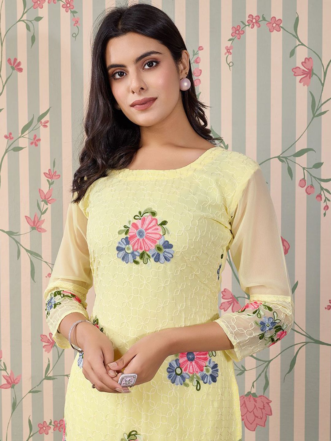 Ode by House of Pataudi Floral Embroidered Thread Work Floral Georgette Straight Kurta - Distacart