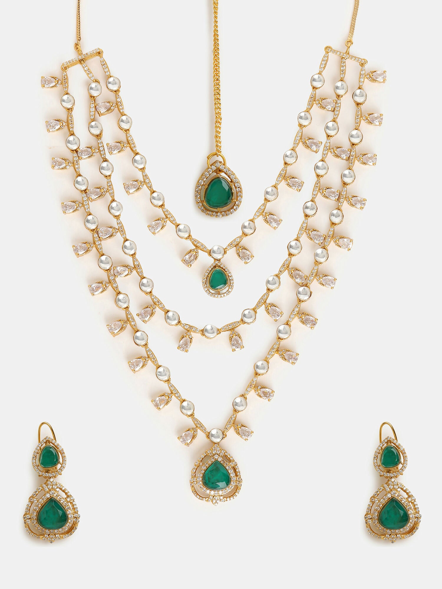 Ruby Raang 22k Gold Polished Layered Kundan And Emerald Necklace With Earrings And Maang Tikka