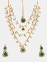 Thumbnail for Ruby Raang 22k Gold Polished Layered Kundan And Emerald Necklace With Earrings And Maang Tikka