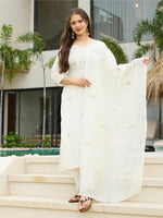Thumbnail for The52 White Women's Beautiful Rayon Slub Fabric Embroidered Work Straight Kurta, Pant and Dupatta Set - Distacart