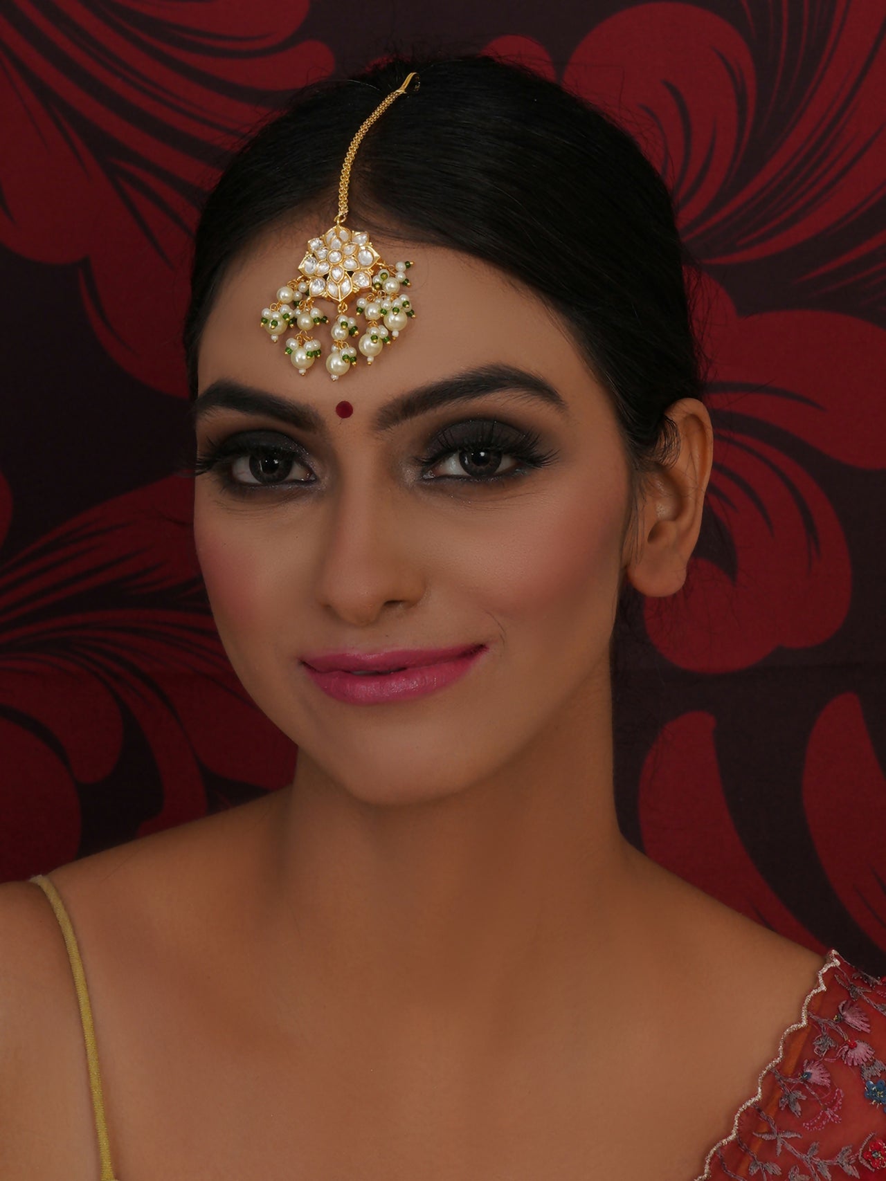 Gold-Polished Green White Kundan-Studded Maang Tikka - Ruby Raang
