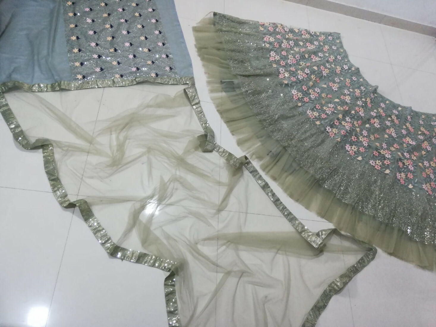 Jyoti Fashion Sea Green 3mm with Thread and Jari Embroidery Net Lehenga Choli with Dupatta - Distacart