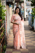 Thumbnail for Pink Pure Linen Ethnic Motifs Saree with Unstitched Blouse - A2M - Distacart