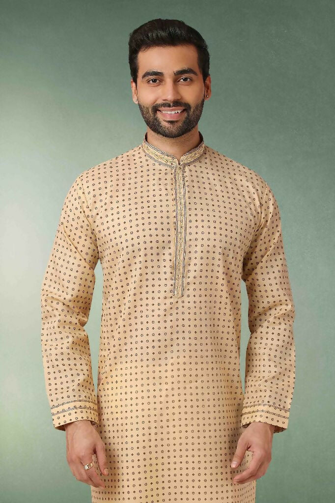Raivat Ethnic Cotton Printed Work Kurta Pajama In Beige Colour - Distacart