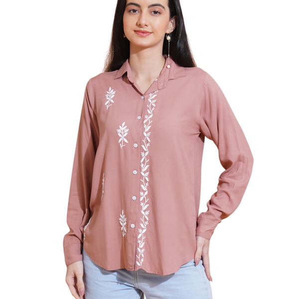 Pahnaz Modal Chikankari Handwork Shirt-Brown - Dista