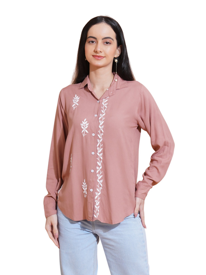 Pahnaz Modal Chikankari Handwork Shirt-Brown - Dista