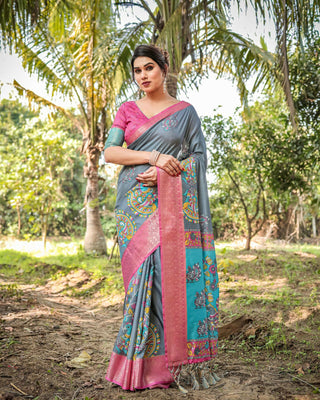 Preksha Creation Grey & Aqua Blue Wedding Special Premium Tussar Silk Women Saree