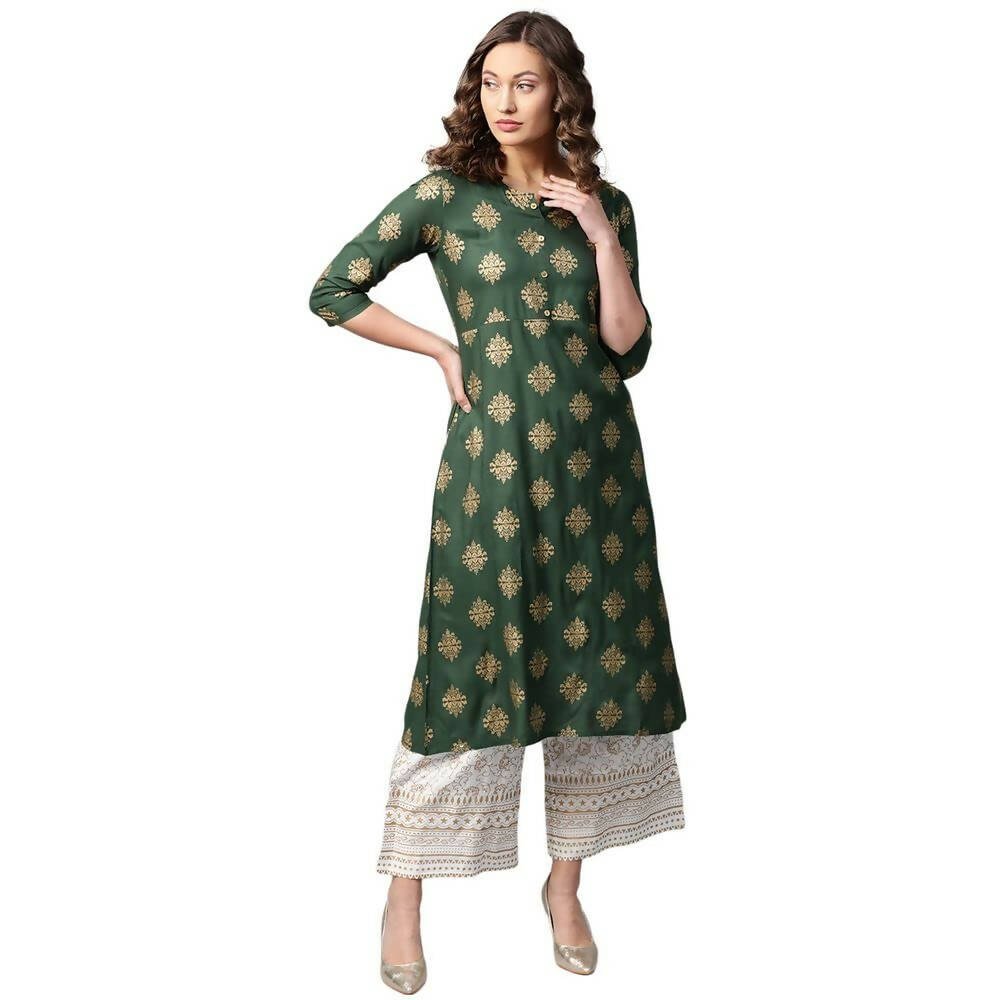 Anubhutee Women's Rayon Printed Green/Off-white Kurta with Palazzos - Distacart