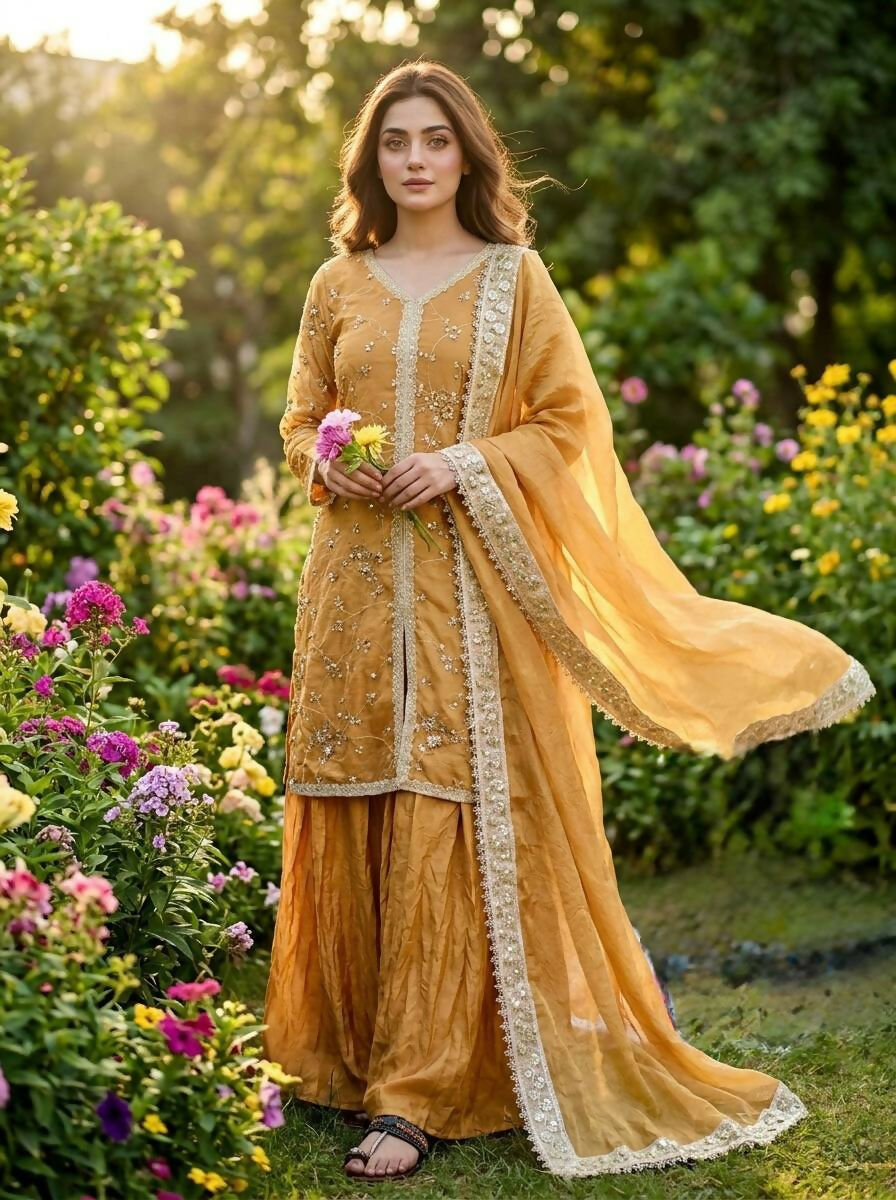 Teeya Creation Womens New Trendy Heavy Embroidery Work Kurta Palazzo Set - Mustard - Dista